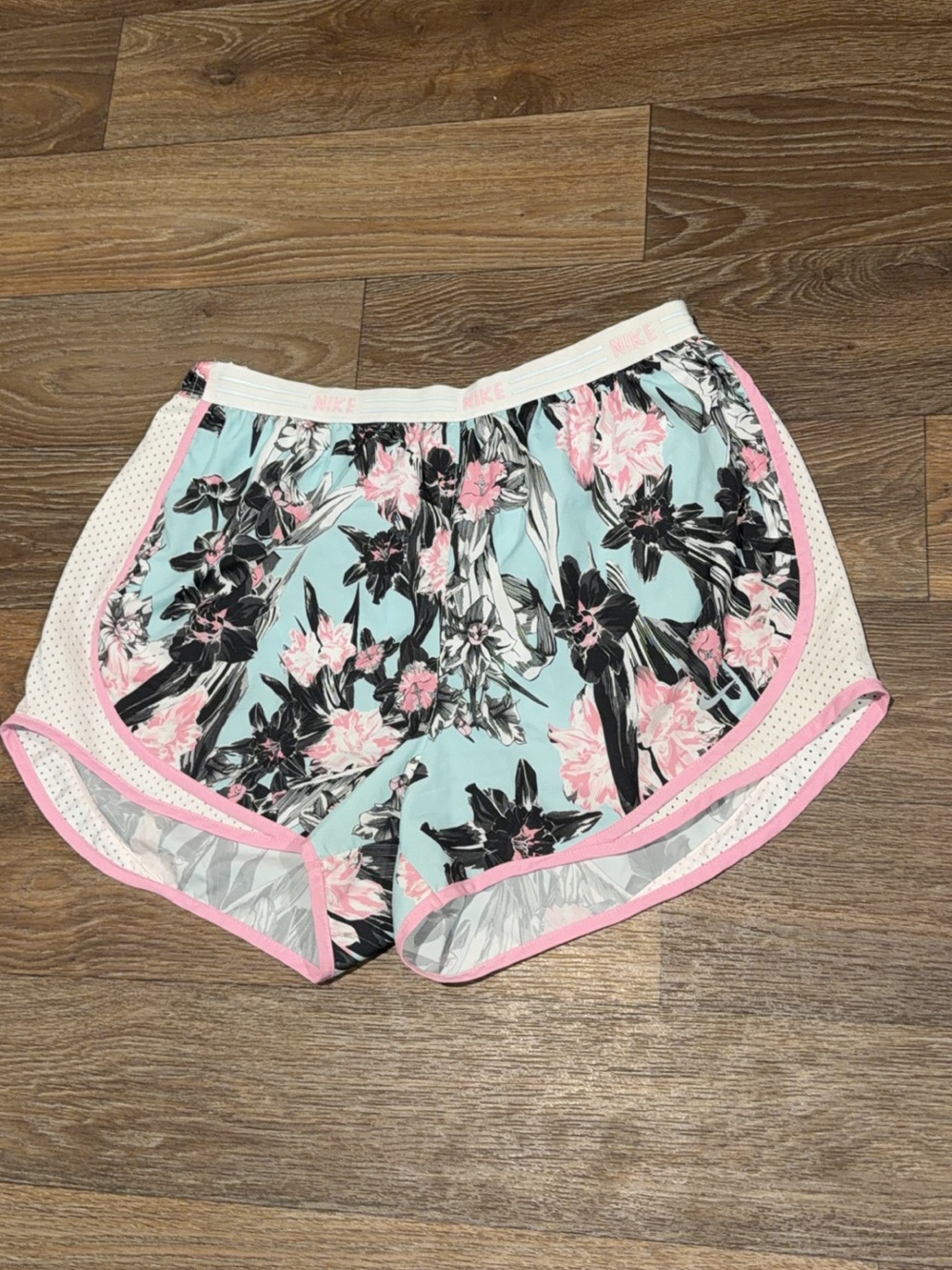Women’s Nike Floral Athletic Shorts in Aqua and Pink